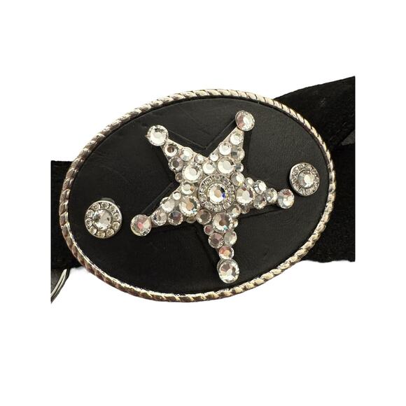 Michelle Monroe Black Leather Belt Swarovski Crystals Star Western Buckle Cowboy - Picture 2 of 7